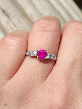 Pink Sapphire and White CZ Sterling Silver Ring Size 8